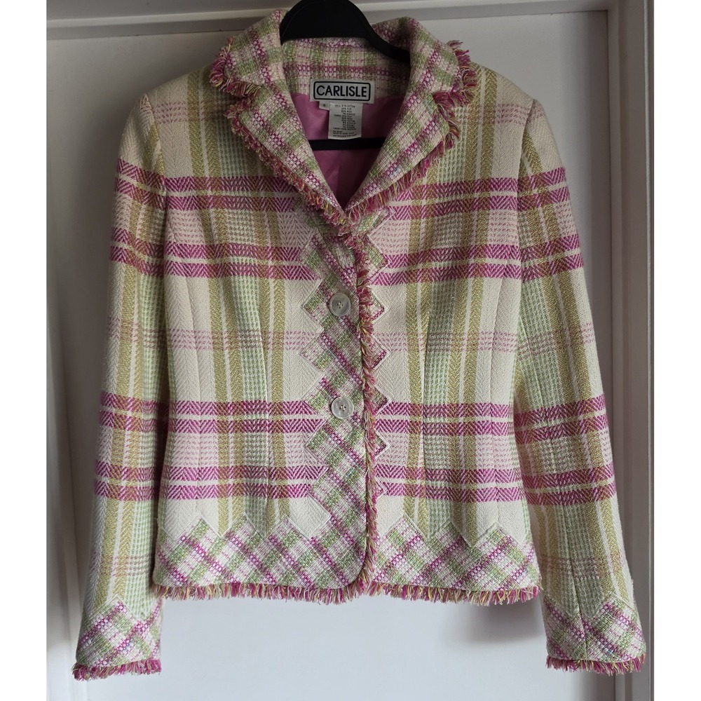 VTG Carlisle Plaid Blazer Jacket Size 8 Formal Wool Silk Cotton Classic Coat